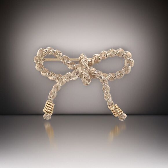 Tiffany & Co Estate Twisted Rope Bow Brooch Pin Silver + 14k Gold 5.8 GR TIF731 - Picture 6 of 12